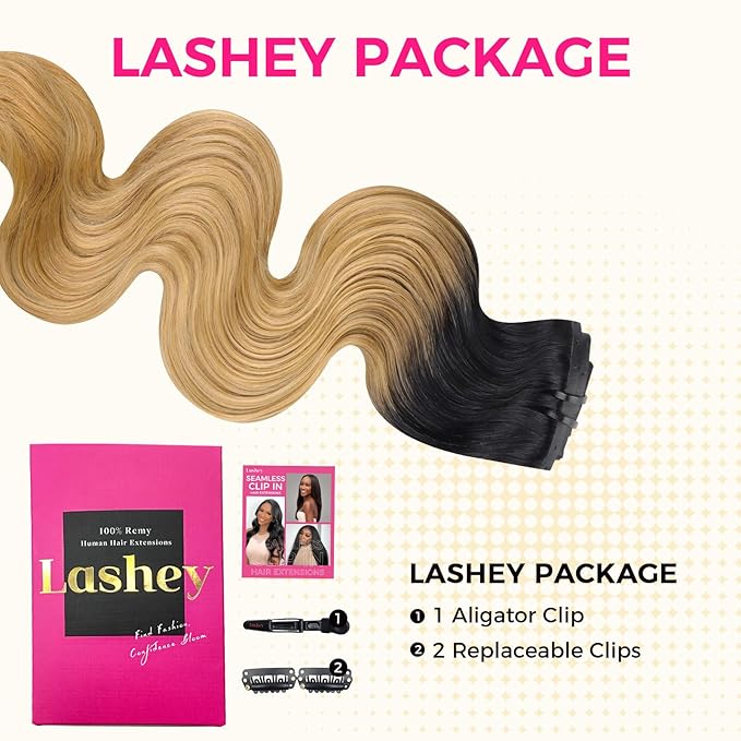Lashey Seamless Clip in Hair Extensions Human Hair Body Wave 24 Inch Clip ins 110g 7pcs Ombre Natural Black to Honey Blonde Human Hair Extensions for Women