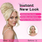 REECHO Messy Bun Hair Piece with Bangs – 2-in-1 Drawstring Ponytail Extension Updo Wig & Hair Topper with Long Side Bangs, Natural-Looking Hair Bun Hairpieces for Women - Natural Blonde