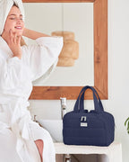 TOPDesign Travel Toiletry Bag for Women, Puffer Large Toiletry Bag, Lightweight Cosmetic Makeup Organizer with Handle for Traveling, Accessories, Essentials, Toiletries (Navy Blue)