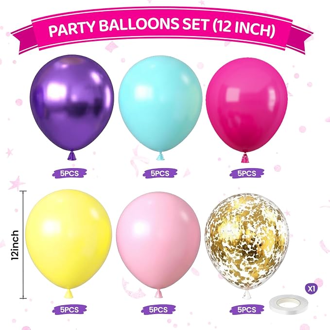 Pink Purple Blue Balloon Set, 12inch Hot Pink Yellow Purple Teal Gold Metallic - Image 2