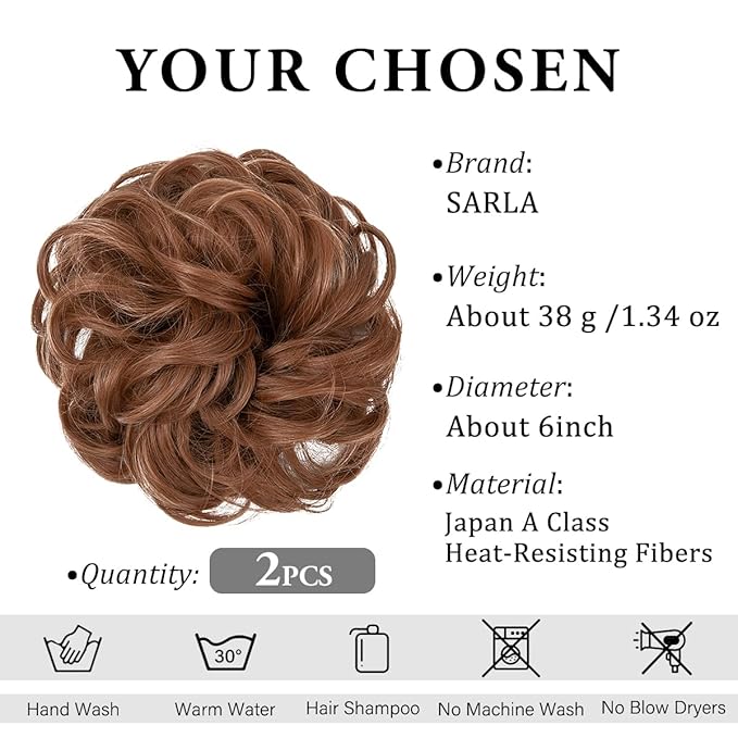 SARLA 2PCS Messy Hair Bun Hair Pieces Wavy Curly Synthetic Updo Fake Scrunchies Ponytail Extension for Women Light Auburn