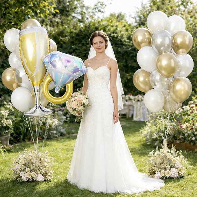 White Gold Balloons with 37inch Foil Diamond Ring Champagne Glass Balloons - Image 7