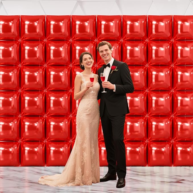 NISOCY 48PCS Metallic Red Square Foil Balloons Wall Backdrop | Double Sided Red - Image 7