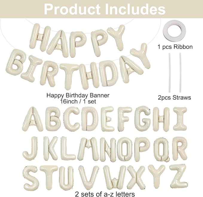 TONIFUL 65 Pcs Personalized Name Letter A-Z Balloons 16 Inch Cream White Happy - Image 2