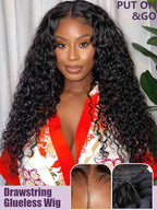 YIROO Bye Bye Knots Glueless Water Wave and Jerry Curly Drawstring Wig Human Hair, 7x5 Pre Cut Lace Front Glueless Wigs Pre Bleached Pre Plucked Wear and Go Wig for Women 150% Density 26Inch