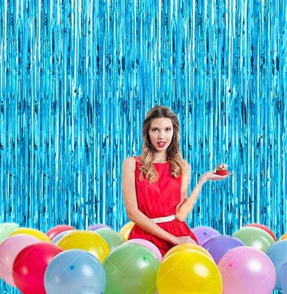 Light Blue Tinsel Foil Fringe Curtain, Photo Booth Backdrop | 2 Pcs 3.2ft x - Image 4