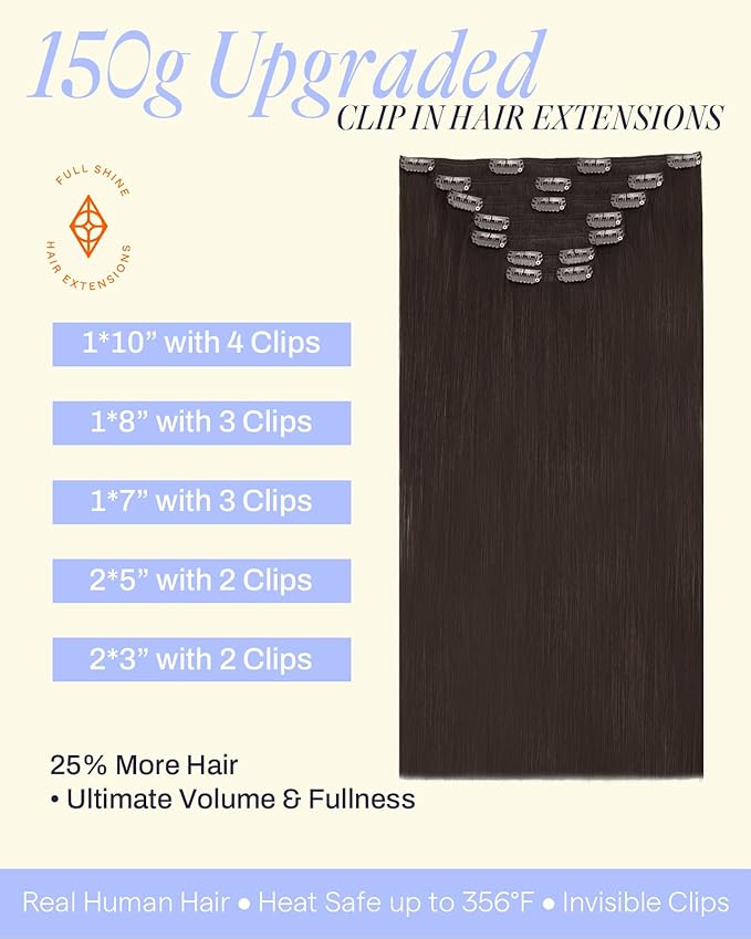 Full Shine Clip in Hair Extensions Real Human Hair Dark Brown 150 G Straight Dark Brown Human Hair Clip ins 24 Inch Invisible Triple Weft Brunette Hair Extensions for Thin Hair 7 Pcs