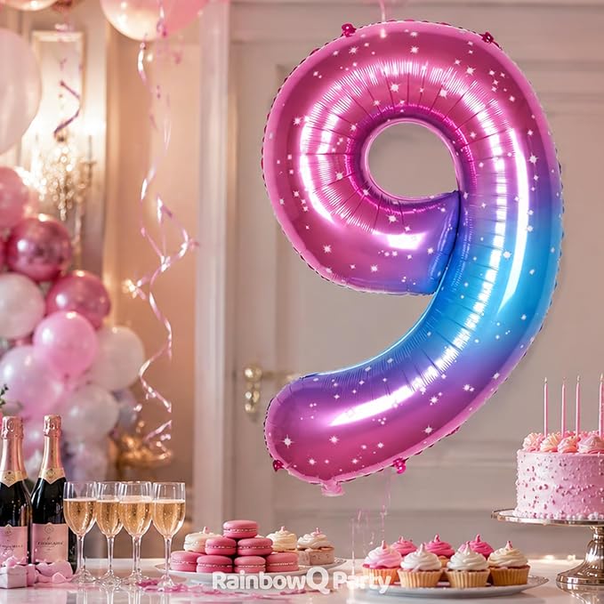 RainbowQ Blue Pink 9 Balloon Number 40 Inch Big 0-10 Foil Large Balloon | - Image 4