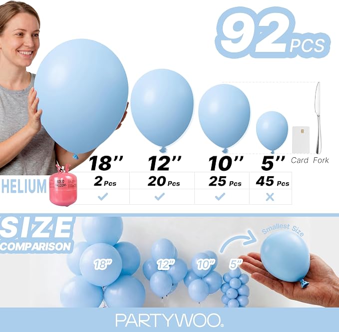 PartyWoo Light Blue Balloons 92pcs Different Sizes of 18 12 10 5 Inch Baby - Image 6