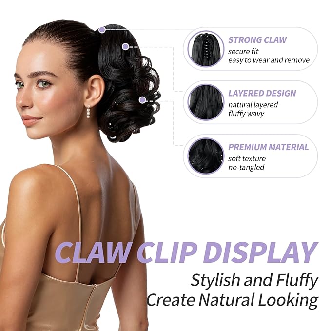 Brown Ponytail Extensions,9" Short Curly Wavy Claw Clip Pony tails Hair Extensions Natural Soft Synthetic Hairpiece for Women