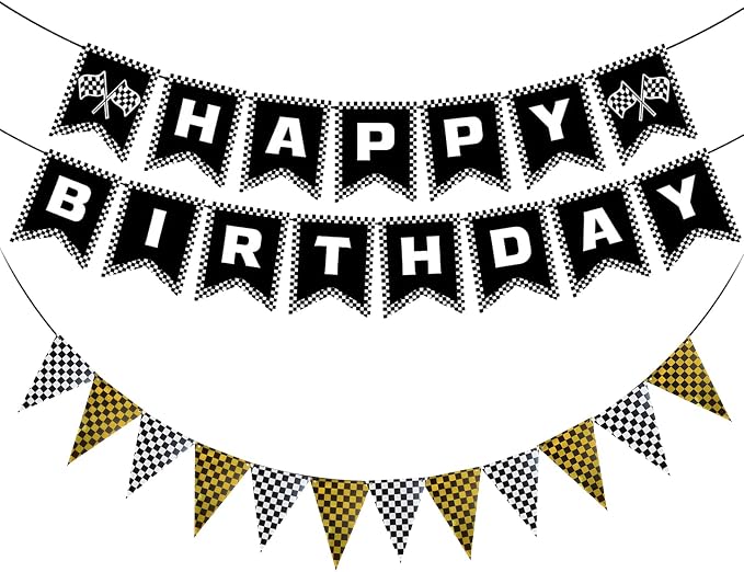 MEETINGU Black and Gold Checkered Flags and Race Car Happy Birthday Banner by MEETINGU