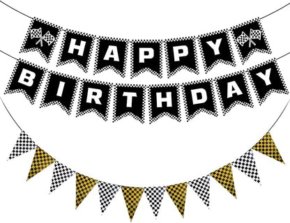 MEETINGU Black and Gold Checkered Flags and Race Car Happy Birthday Banner by MEETINGU