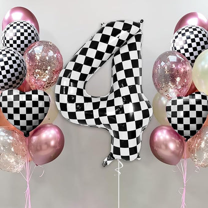 Checkered Number 4 Balloon 40 Inch, Large Foil Black and White Number Balloons - Image 2