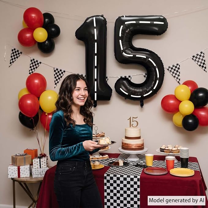 Black and White Stripes Number 15 Balloon 40 Inch, Foil Road Decor | Racetrack - Image 2
