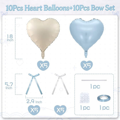 Blue White Heart Balloons with Ribbon Bow, 18 Inch Helium Balloon with Bow - Image 2