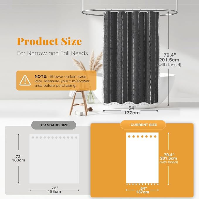 54x78 Boho Farmhouse Linen Heavy Duty Shower Curtain, Charcoal Grey | Narrow - Image 3
