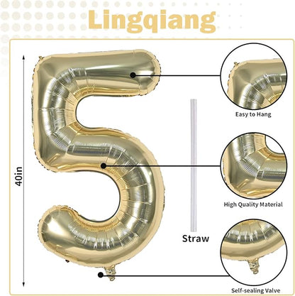 Champagne Gold Balloon Number 5, 40 Inch Large Self Inflating Foil Number - Image 2