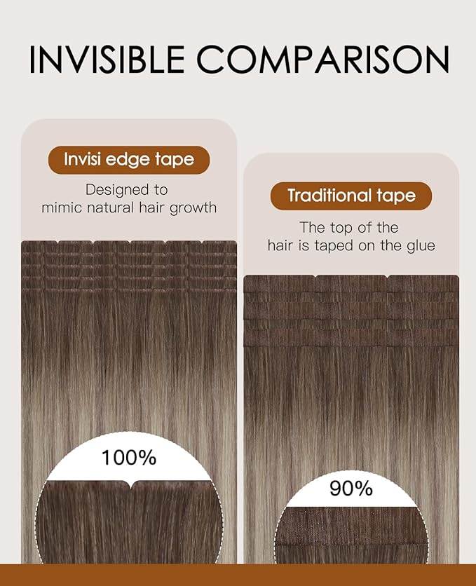 VINBAO Invisi Edge Tape in Hair Extensions Human Hair, Balayage Ash Brown Fading to Blonde and Ash Blonde Injected Tape in Extensions Seamless 40g 20pcs 14inch #8/60/18