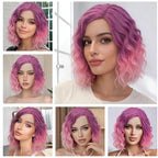 BUFASHION 14" Women Short Ombre Purple Pink Kinky Straight Cosplay Synthetic Wigs With Air Bangs 46 Colors Available (Ombre purple pink)