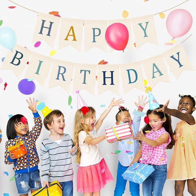 Doumeny Happy Birthday Burlap Banner Boho Birthday Bunting Garland Blue - Image 3
