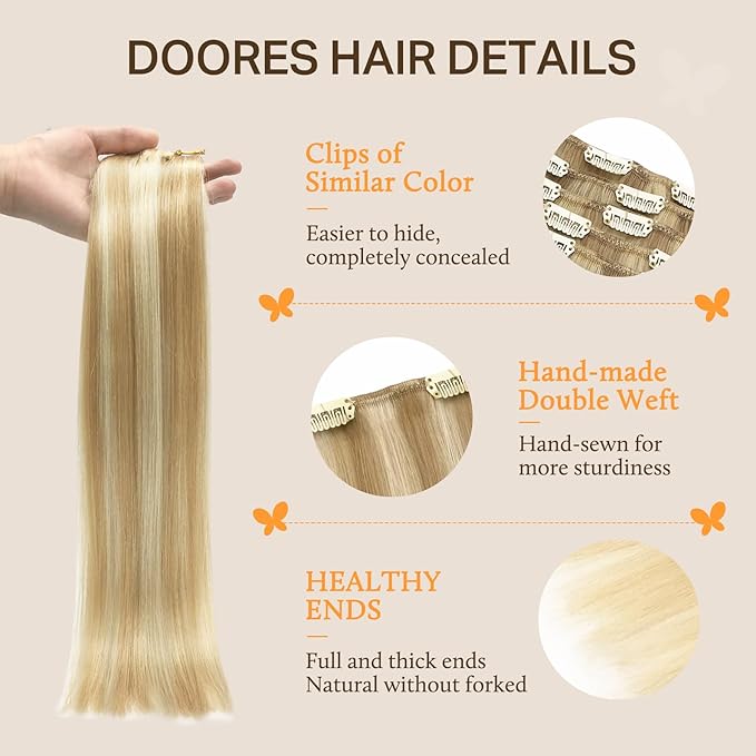 DOORES Hair Extensions Clip in Human Hair, Balayage Dark Blonde Highlighted Bleach Blonde 120g 7pcs 14 Inch, Remy Thick Real Human Hair Extensions Clip ins Natural Weft