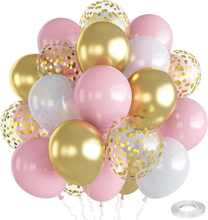 Balloons Pink White Gold, 12 Inch Pastel Pink Pearl White Metallic Chrome Gold by Togvu
