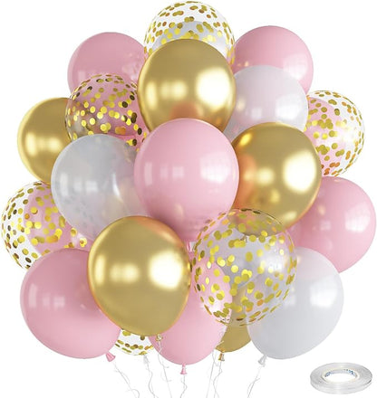 Balloons Pink White Gold, 12 Inch Pastel Pink Pearl White Metallic Chrome Gold by Togvu