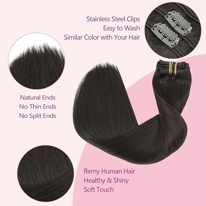 PINKPEARL Human Hair Extensions Clip ins 22inch Clip in Hair Extensions #2 Dark Brown Real Human Hair Clip on 120g 7pcs Remy Hair Clip ins for Women(#2-22)
