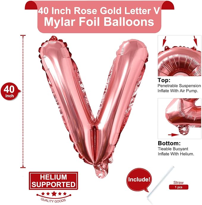 Lovoir 40 Inch Large Rose Gold Letter V Balloons Big Size Jumbo Mylar Foil - Image 2