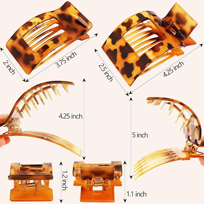 Velscrun Flat Hair Clips for Women Girls, 2 Styles 8 Pcs Lay Flat Claw Clips, Strong Hold French Duck Billed Large Side Hair Jaw Clip for All Hair Types, Non Slip Grip for Daily Styling Leopard