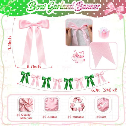 2 Strings Pink & Green Bow Garland Banner Decorations - Image 2