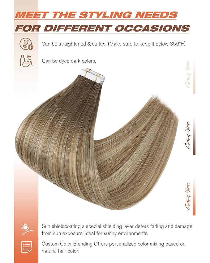Sunny Hair Tape in Hair Extensions Human Hair, Human Hair Tape in Extensions Light Brown Balayage Blonde Hair Extensions Real Human Hair Tape in 20Inch 50g