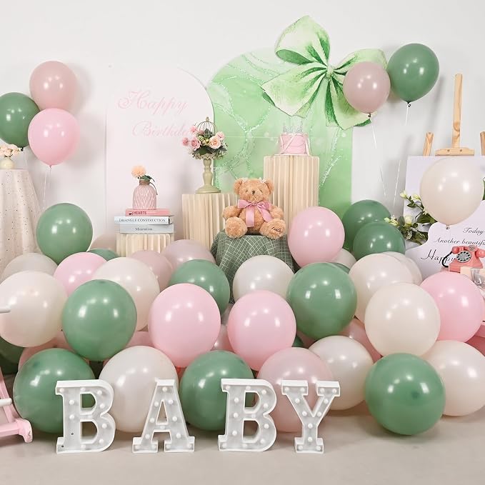 Sage Green Pink Balloons, Blush Sand White Balloon - Image 9