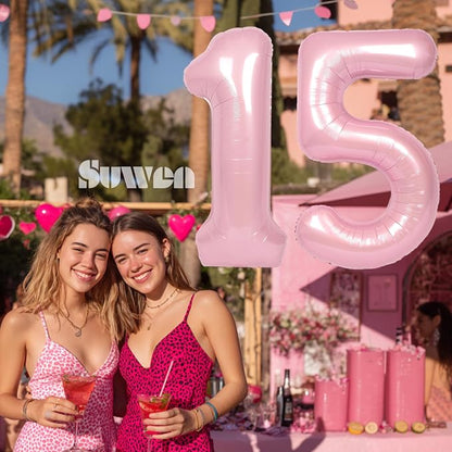 SUWEN 40 Inch Pink Large 15 Number Balloons Big Foil Helium Number Balloons 0-9 - Image 2