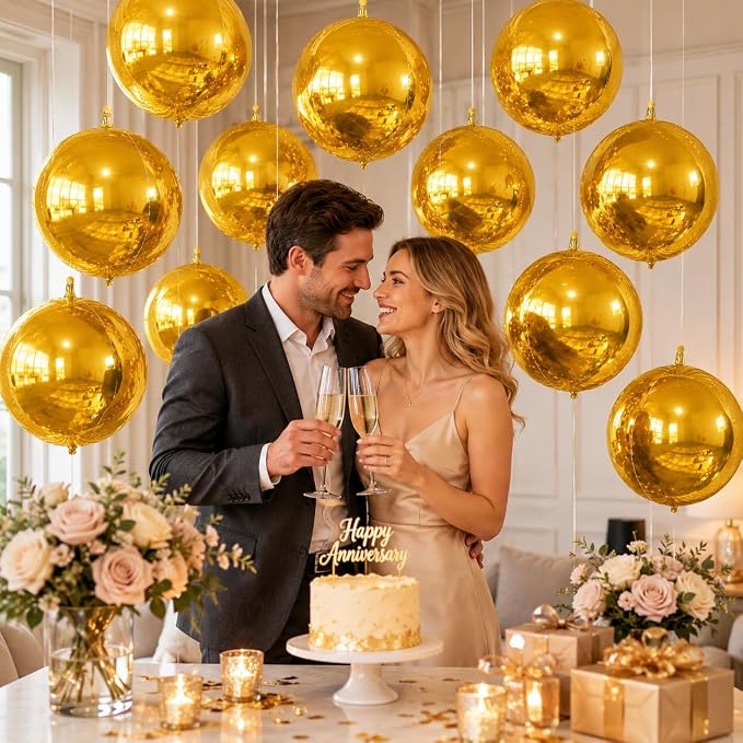 14 Pcs Gold Round Foil Balloons 22/15/10 4D Ball Balloons Metallic Golden - Image 4