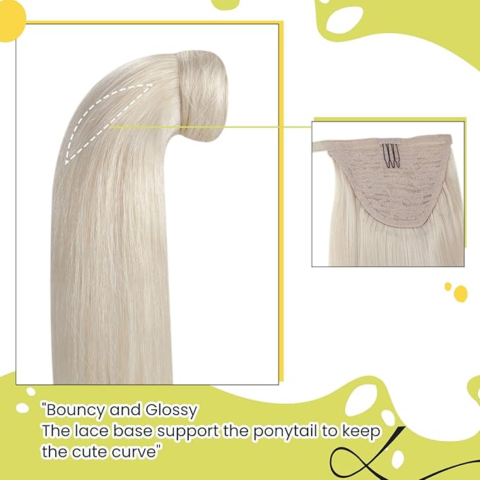 RUNATURE Blonde Ponytail Extension Human Hair, Real Hair Ponytail Extension, Human Hair Ponytail Wrap Around, Straight Remy Hair, Natural Looking For Daily Wearing, 18 Inch 80g #800 Platinum Blonde