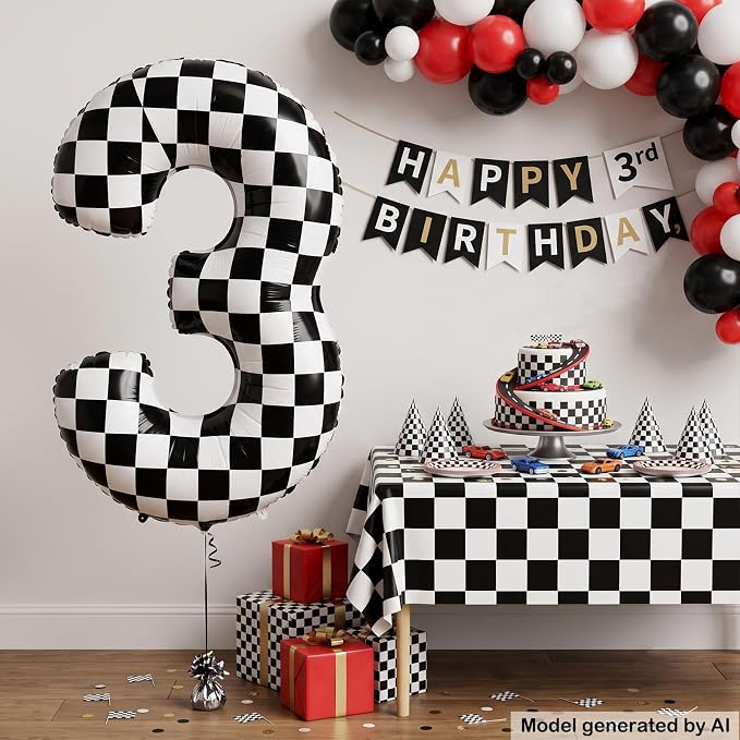 40" Checkered Number 3 Balloon for 3th Race Theme Birthday Party Supplies | 40 - Image 3