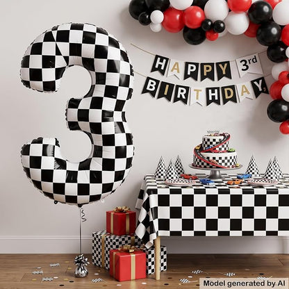 40" Checkered Number 3 Balloon for 3th Race Theme Birthday Party Supplies | 40 - Image 3