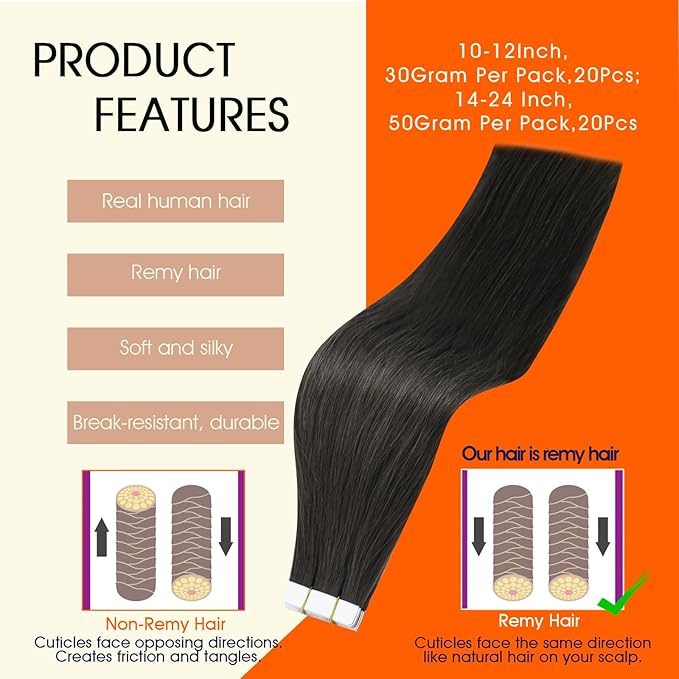 Full Shine Mocha Brown Tape in Hair Extensions Human Hair Color 1C Tape Hair Extensions Real Human Hair 16Inch Straight Soft Extension 50G 20Pcs Add Volume Thick End for Wedding