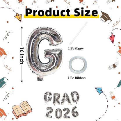 Silver GRAD 2026 Banner Balloons, 16 Inch Mylar Foil letter Graduation Balloons - Image 2