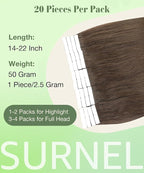 SURNEL Tape in Extensions Human Hair 22 inch #4 Chocolate Brown Tape in Hair Extensions 20 pcs 50g(#4-22)