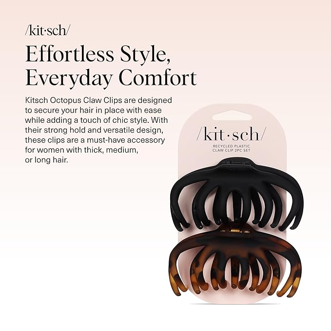 Kitsch Octopus Claw Clips for Women - Cute & Stylish Hair Clips for Everyday Use, Octopus Claw Clip for Thick Hair | Ideal Gifts for Women - Black & Tortoise, 2pcs