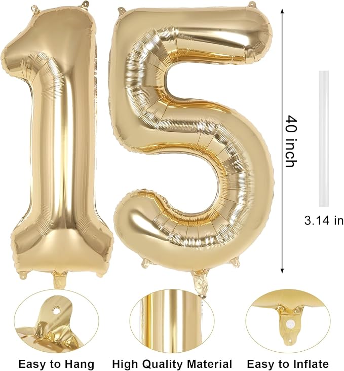 Champagne Gold Large Number 15 Balloon, 40 Inch Light Gold Foil Helium Number - Image 2