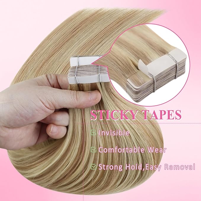 YoungSee Human Hair Tape in Extensions Blonde Highlight Tape Hair Extensions Light Blonde Highlights Strawberry Hair Extension Real Human Hair Tapes Invisible 16In 20pcs 50g Straight Hair
