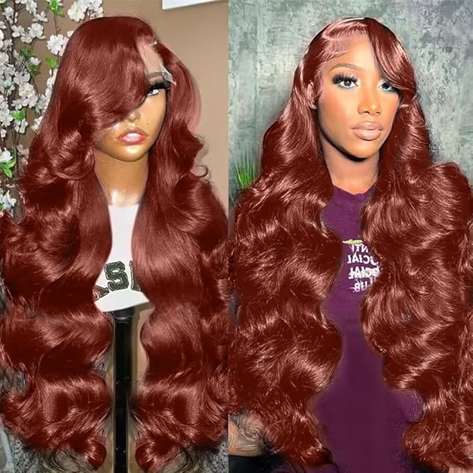 200% Density Reddish Brown Colored Human Hair Lace Front Wigs 13x4 Glueless Wigs Human Hair Pre Plucked Body Wave Glueless Wigs Human Hair Transparent HD Lace Frontal Human Hair Wigs 28Inch