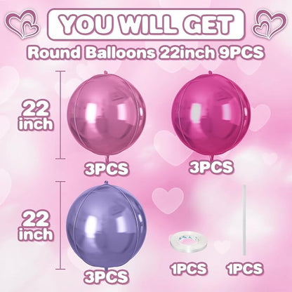Pink Purple Round Foil Balloons 9 pcs, Metallic Giant 4D Round Balloons 22 Inch - Image 2