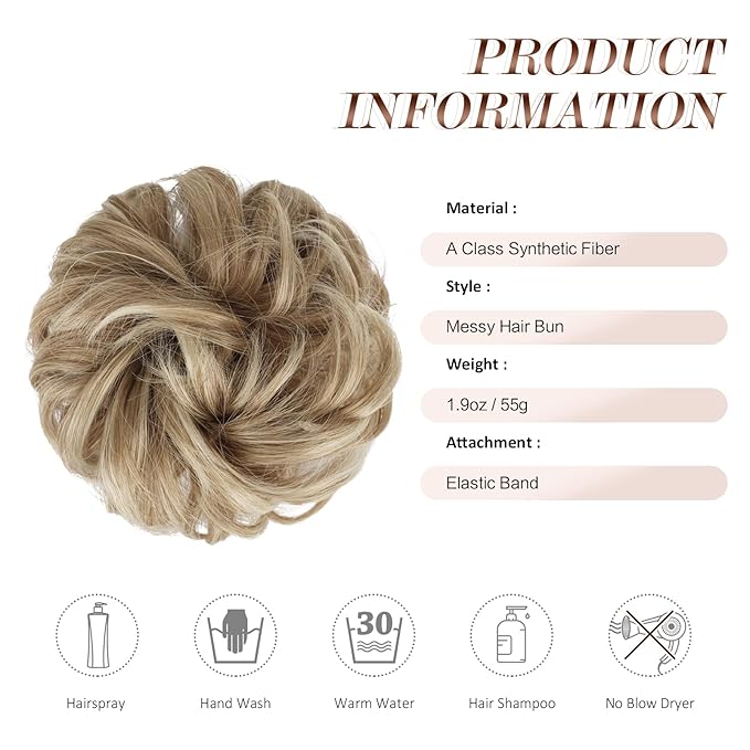 FESHFEN Messy Bun Hair Piece - Large Elastic Wavy Curly Hair Bun Scrunchies Ponytail Extensions Synthetic Chignon Hairpieces for Women, Mixed Blonde and Ash Blonde Tips 1.94oz