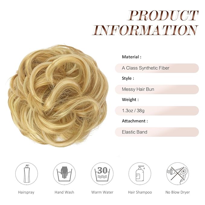 FESHFEN Messy Bun Hair Piece - Elastic Wavy Curly Hair Bun Scrunchies Extensions Synthetic Chignon Hairpieces for Women Girls, Strawberry Blonde & Bleach Blonde 1.5 oz