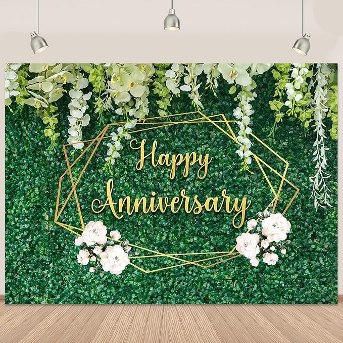 Happy Anniversary Banner Backdrop Decorations 5.9×3.6Ft | Green Leaves Wall by Retyshiaphoto