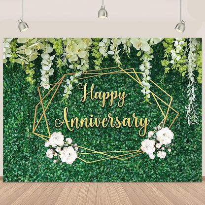 Happy Anniversary Banner Backdrop Decorations 5.9×3.6Ft | Green Leaves Wall by Retyshiaphoto